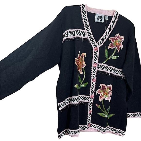 NWOT Storybook Knits black pink sequin beaded lily flower cardigan sweater 3X - Picture 4 of 14